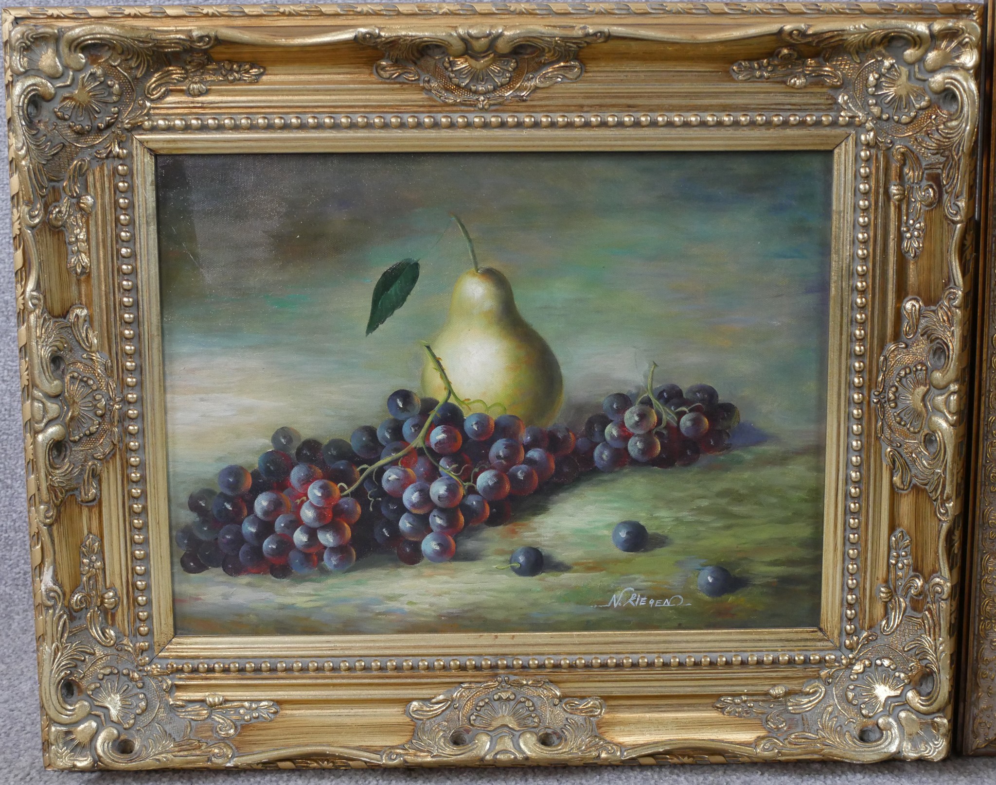 N. Riegen (20th century) still life of a pear and blackberries, oil on canvas, signed and framed, - Image 2 of 9
