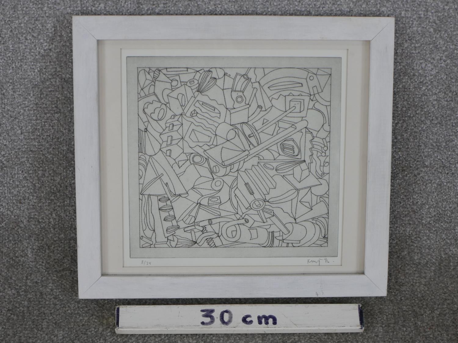 20th century, an abstract engraving of various objects, signed King and dated 96, numbered 8/25. H. - Image 3 of 6