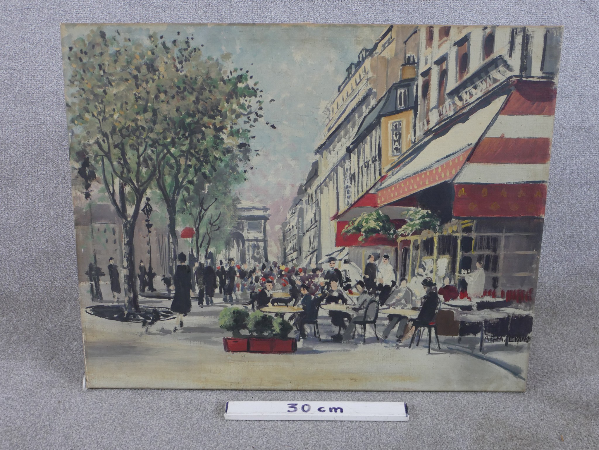 A.G.M. Evans (20th century), Parisian café scene, oil on canvas, signed and unframed. H.61 W.77cm - Image 3 of 4