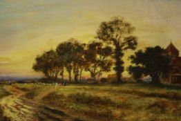 20th century, sunset over wood, oil on canvas, unsigned, framed. H.41 W.56cm.