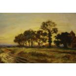 20th century, sunset over wood, oil on canvas, unsigned, framed. H.41 W.56cm.