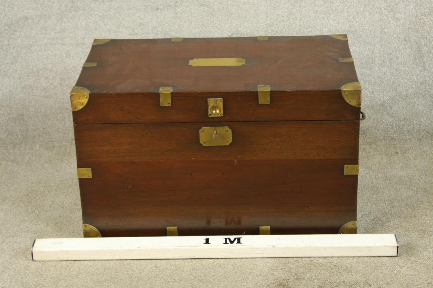 A 20th century stained hardwood and brass mounted campaign style twin handled blanket box. H.46 W.76 - Image 2 of 9