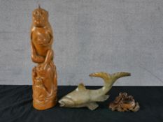 A Chinese carved soapstone dish, together with a carved hardstone model of a fish and a Chinese