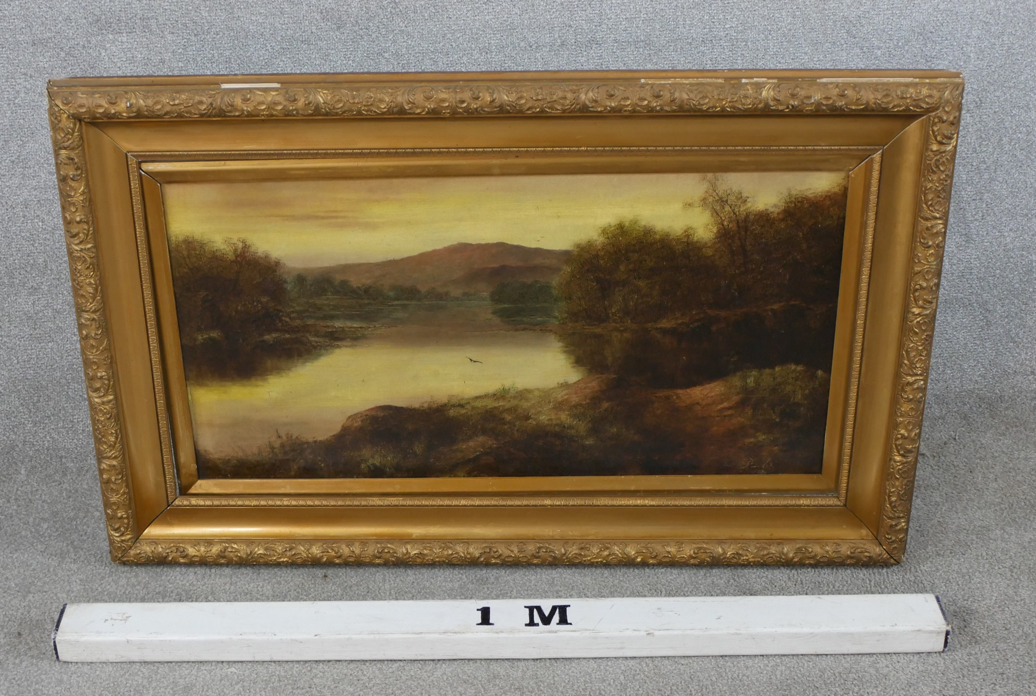 19th/ early 20th century British school, sunset over mountainous river, oil on canvas, unsigned - Image 7 of 7