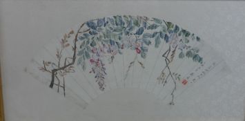 A 20th century hand coloured Japanese fan, with calligraphy and seal mark, framed. H.34 W.64