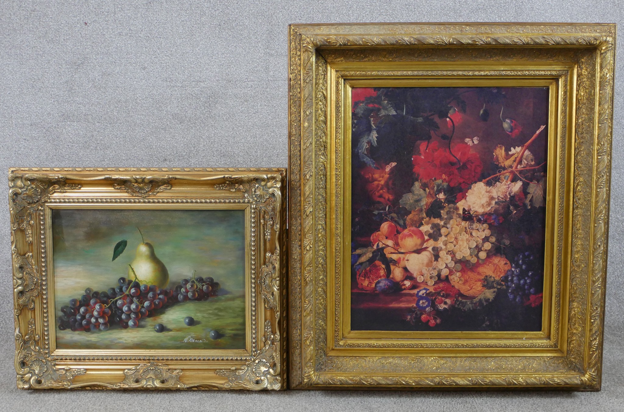 N. Riegen (20th century) still life of a pear and blackberries, oil on canvas, signed and framed,