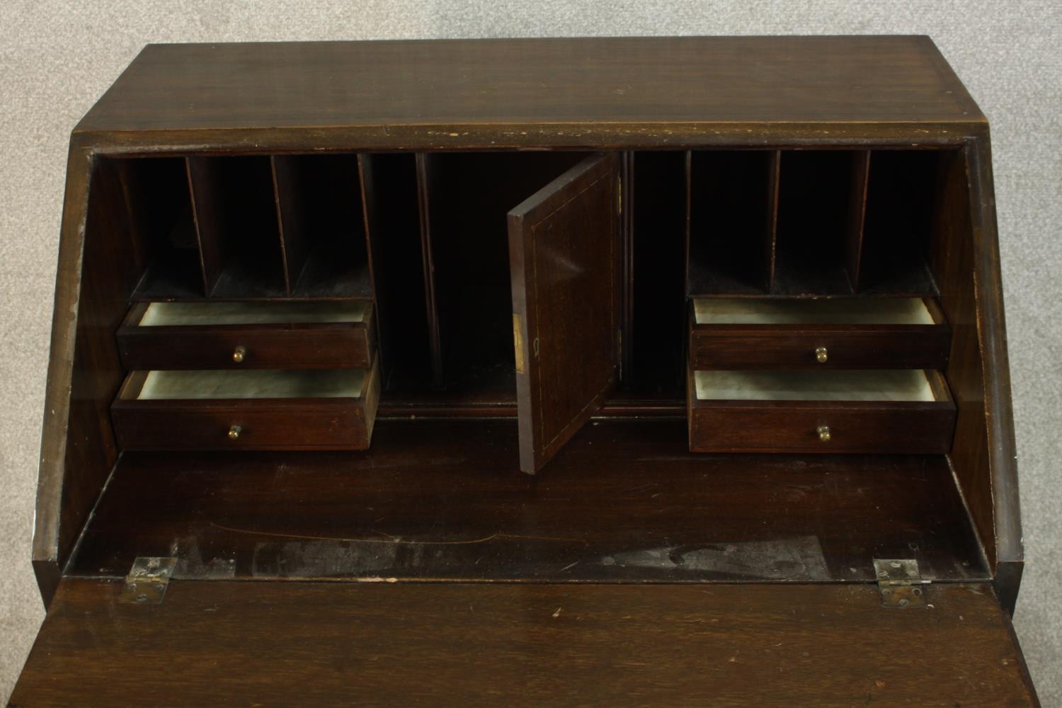 An early 20th century stained mahogany bureau, the fall front opening to reveal fitted interior, - Image 5 of 10