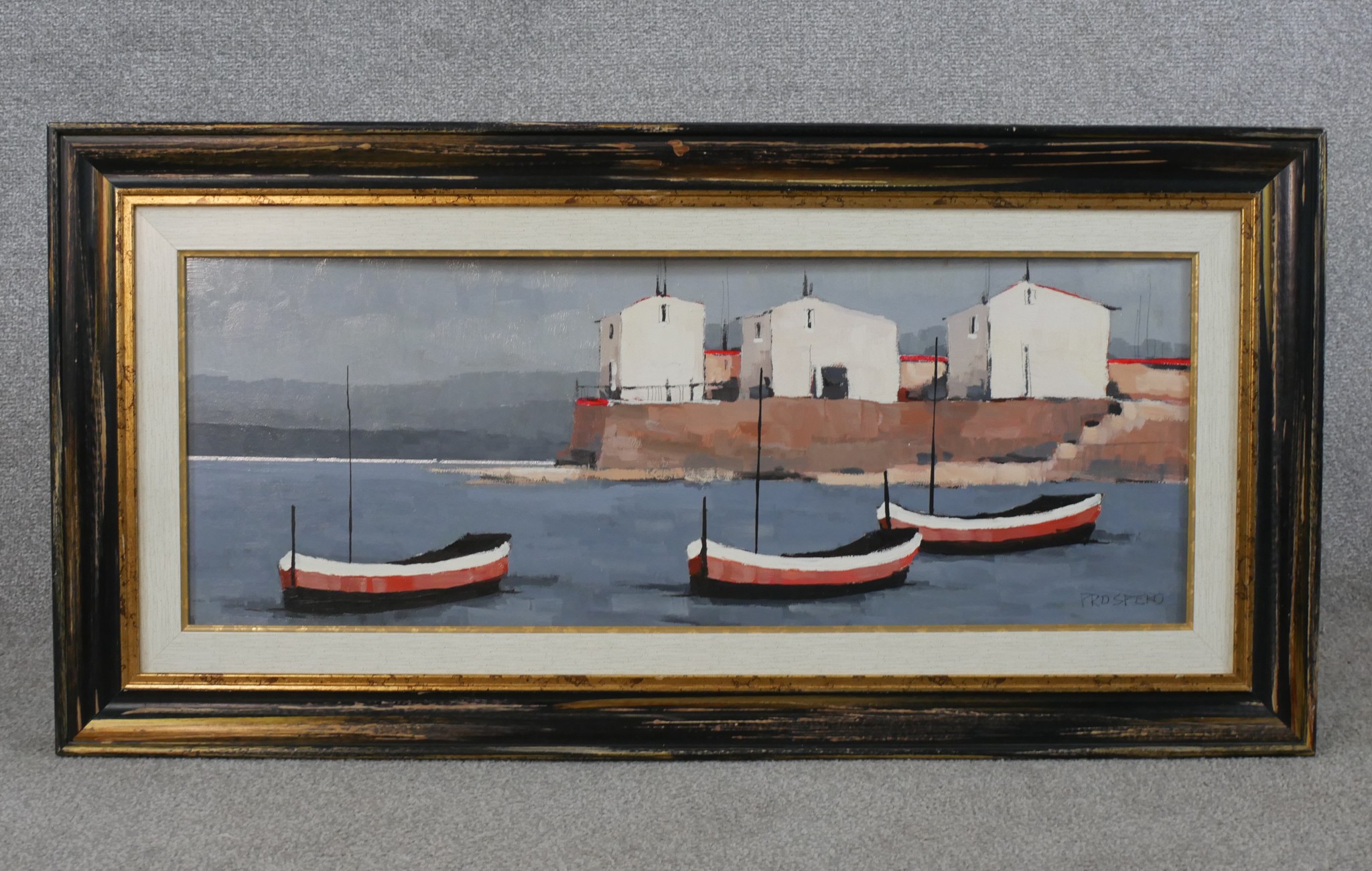 Prospero (20th century), three red and white boats on the sea, oil on board, signed and framed, - Image 2 of 5