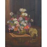 N. F. Shefton, still life of flowers in a bowl and an elephant ornament, oil on canvas, signed,