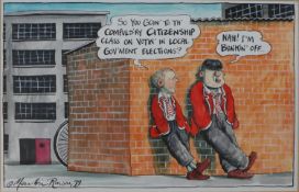 Martin Rowson (b.1958, British), Citizen Test, two school children by a brick wall, an original