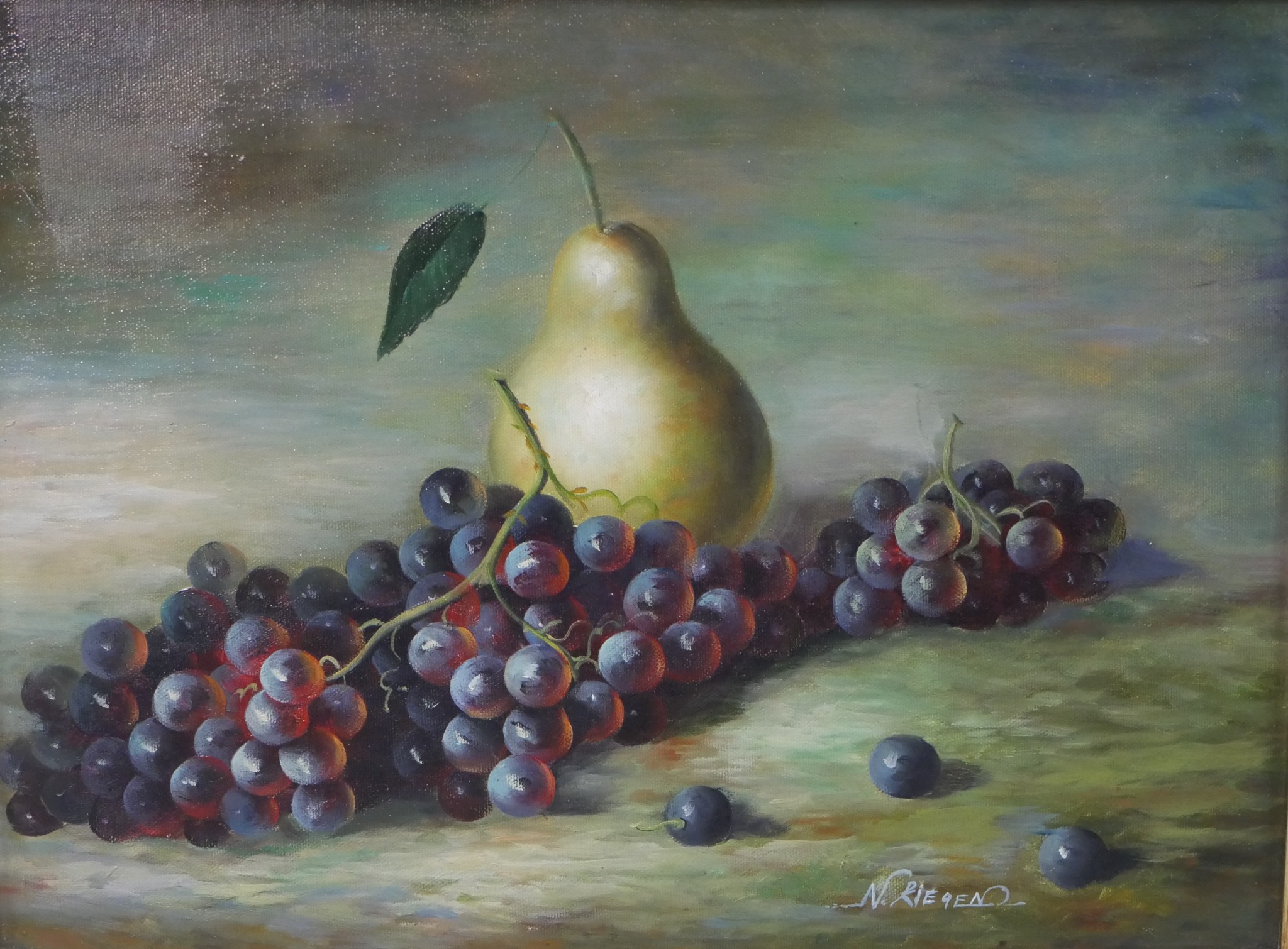 N. Riegen (20th century) still life of a pear and blackberries, oil on canvas, signed and framed, - Image 3 of 9