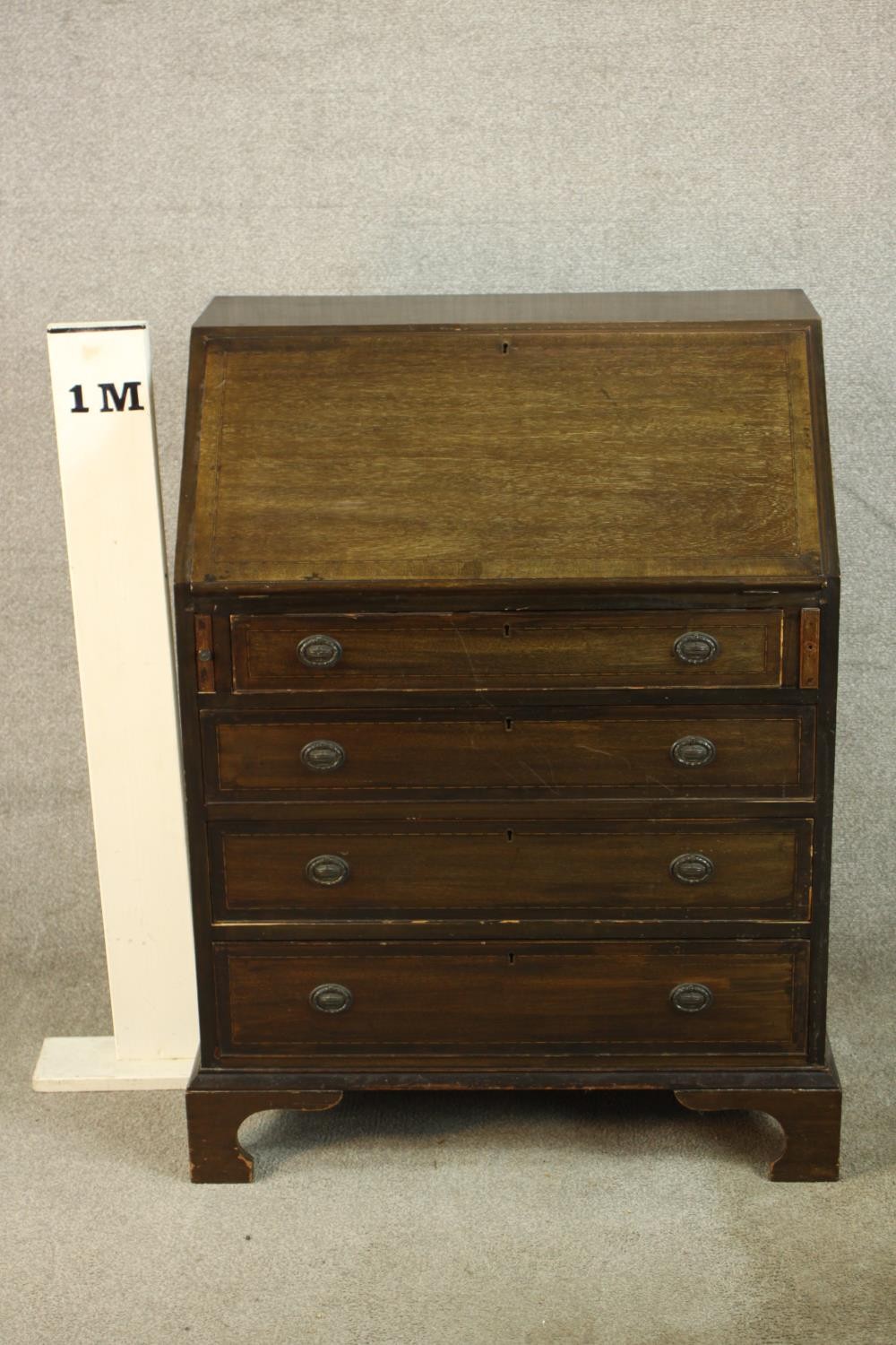 An early 20th century stained mahogany bureau, the fall front opening to reveal fitted interior, - Image 2 of 10