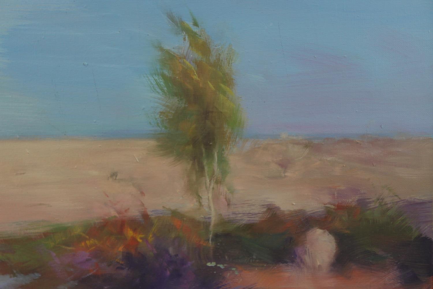 Philip James (b.1948, English), Kalimera, a single tree blowing in the wind, oil on canvas, titled