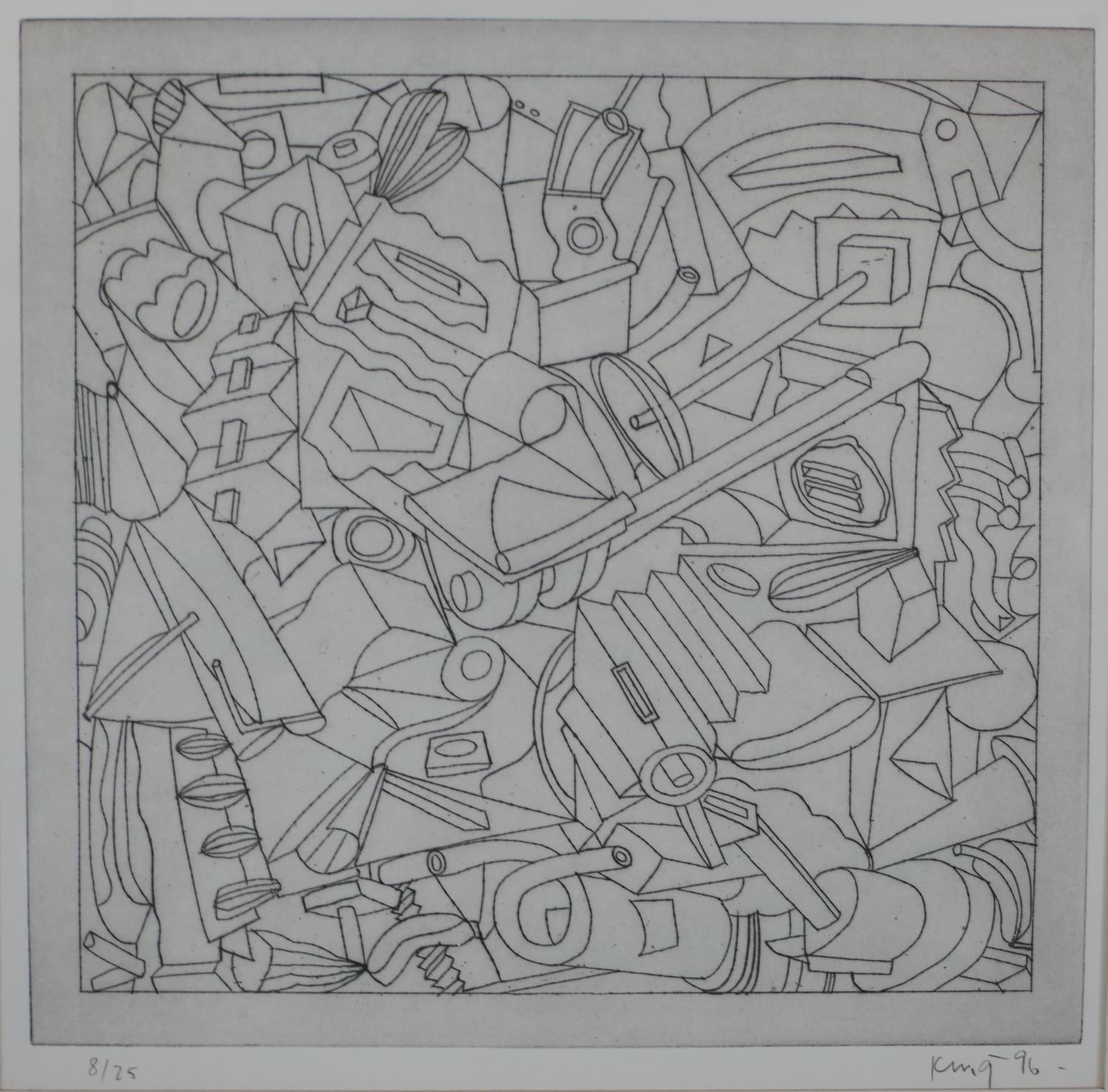 20th century, an abstract engraving of various objects, signed King and dated 96, numbered 8/25. H.