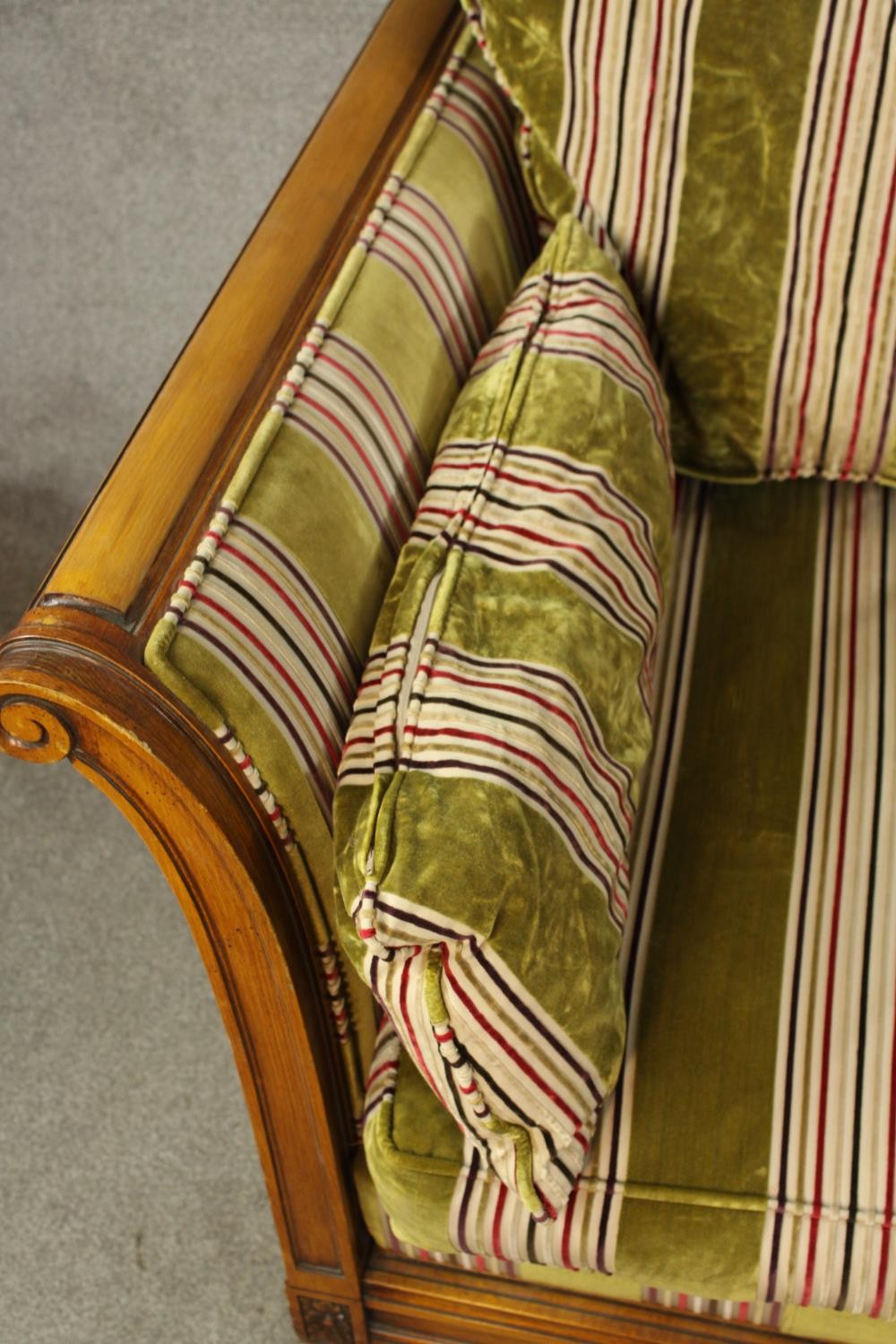 An early 20th century bergère and beech scroll arm two seater settee raised on fluted tapering - Image 4 of 8