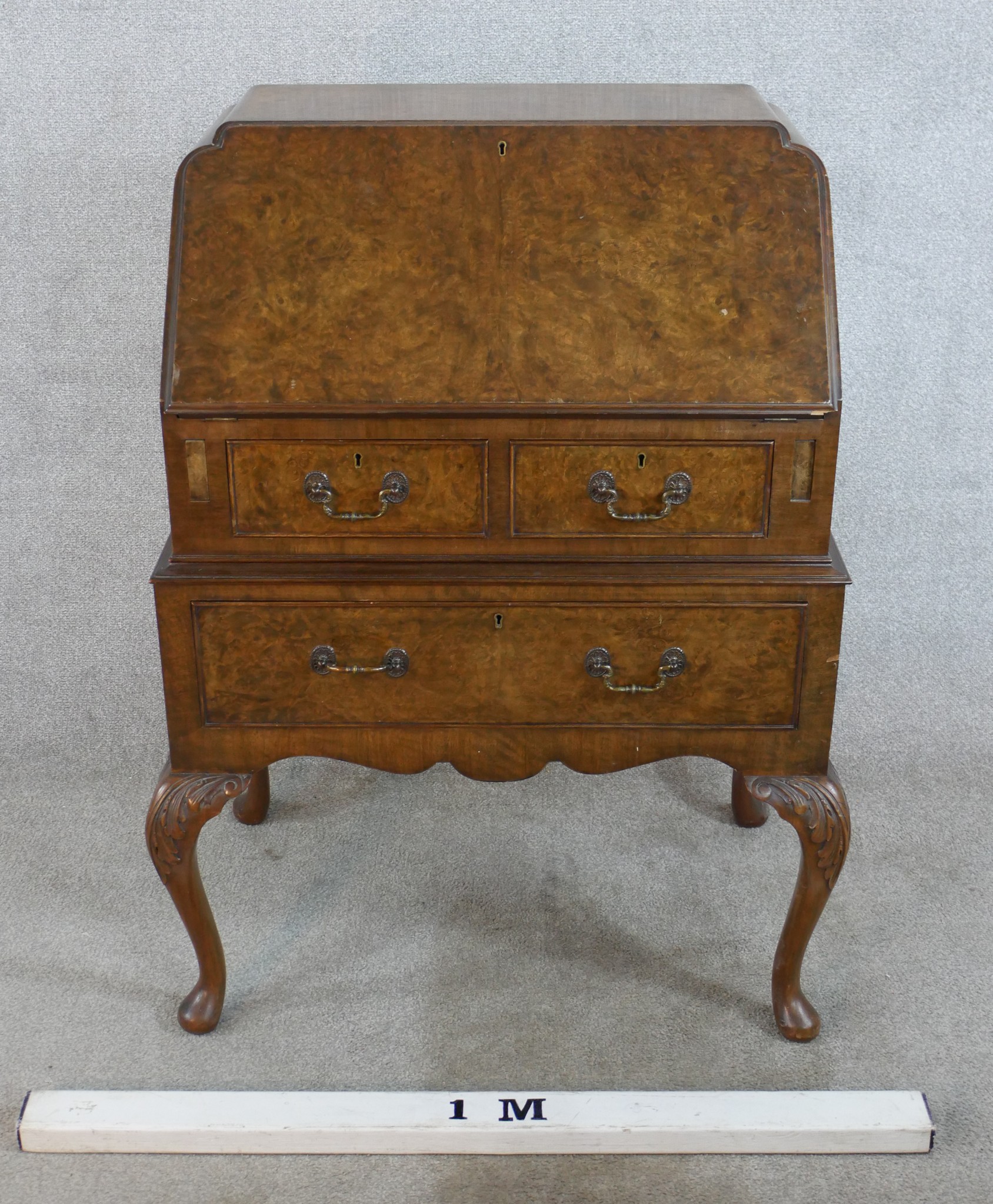 An early 20th century burr walnut fall front bureau, opening to reveal fitted interior with two over - Image 4 of 5