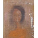 A 20th century portrait of a lady wearing orange dress with black hair, pastel on board, unsigned