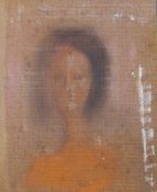 A 20th century portrait of a lady wearing orange dress with black hair, pastel on board, unsigned