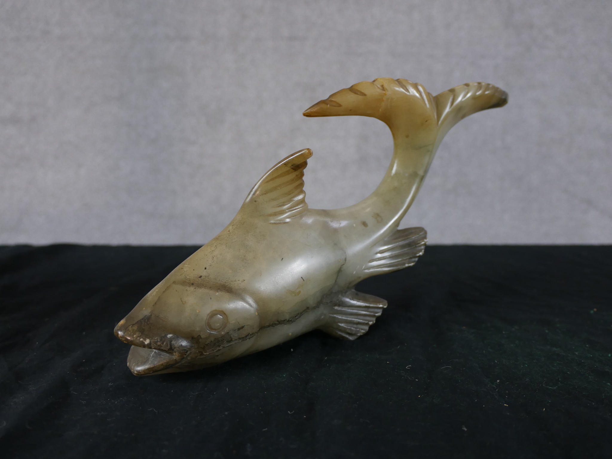 A Chinese carved soapstone dish, together with a carved hardstone model of a fish and a Chinese - Image 6 of 7