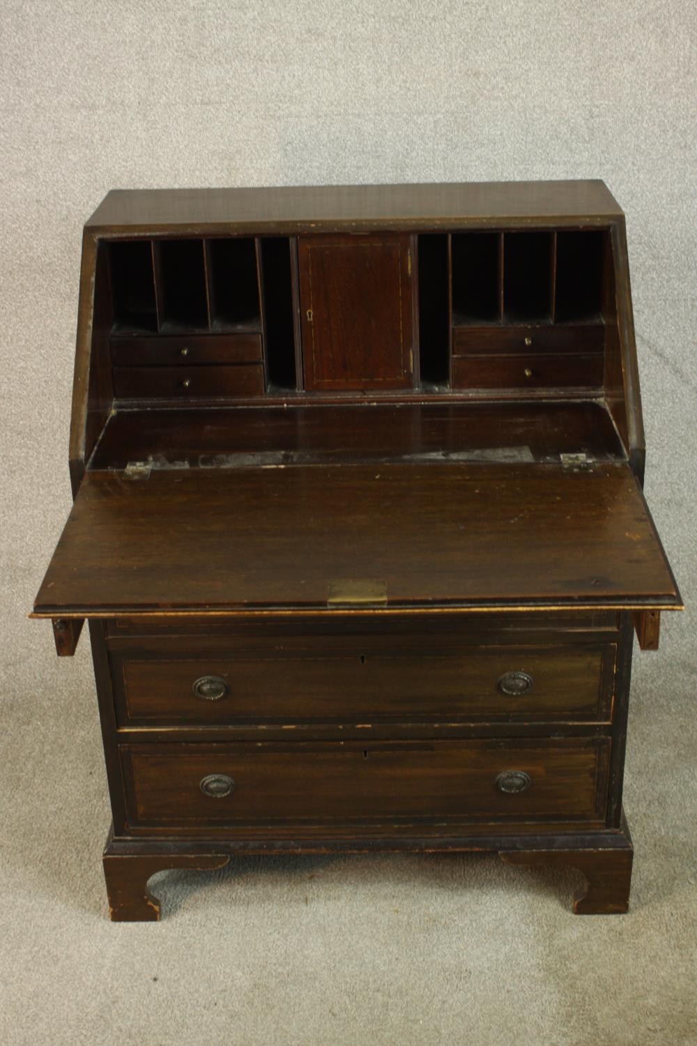 An early 20th century stained mahogany bureau, the fall front opening to reveal fitted interior, - Image 3 of 10