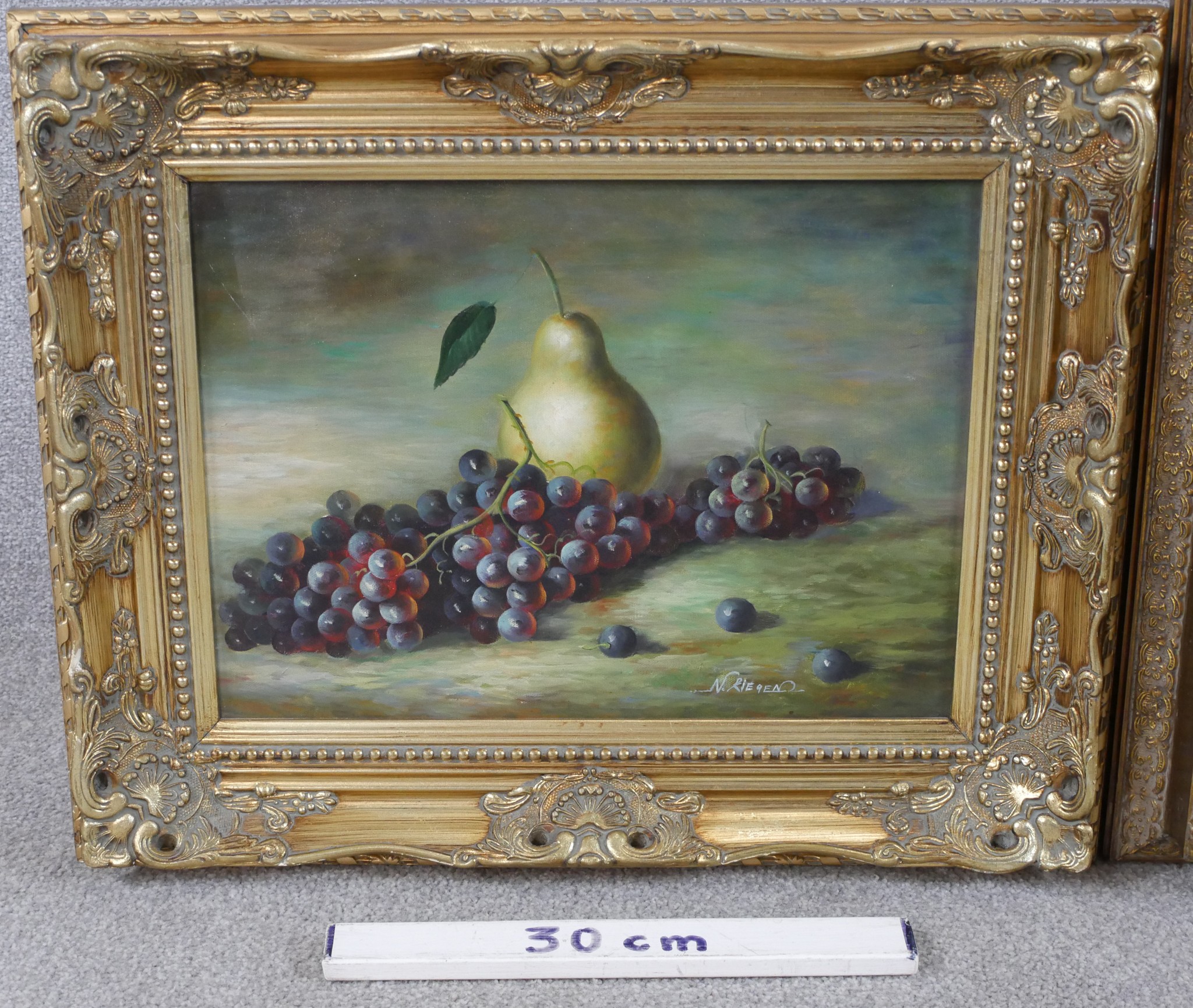 N. Riegen (20th century) still life of a pear and blackberries, oil on canvas, signed and framed, - Image 5 of 9