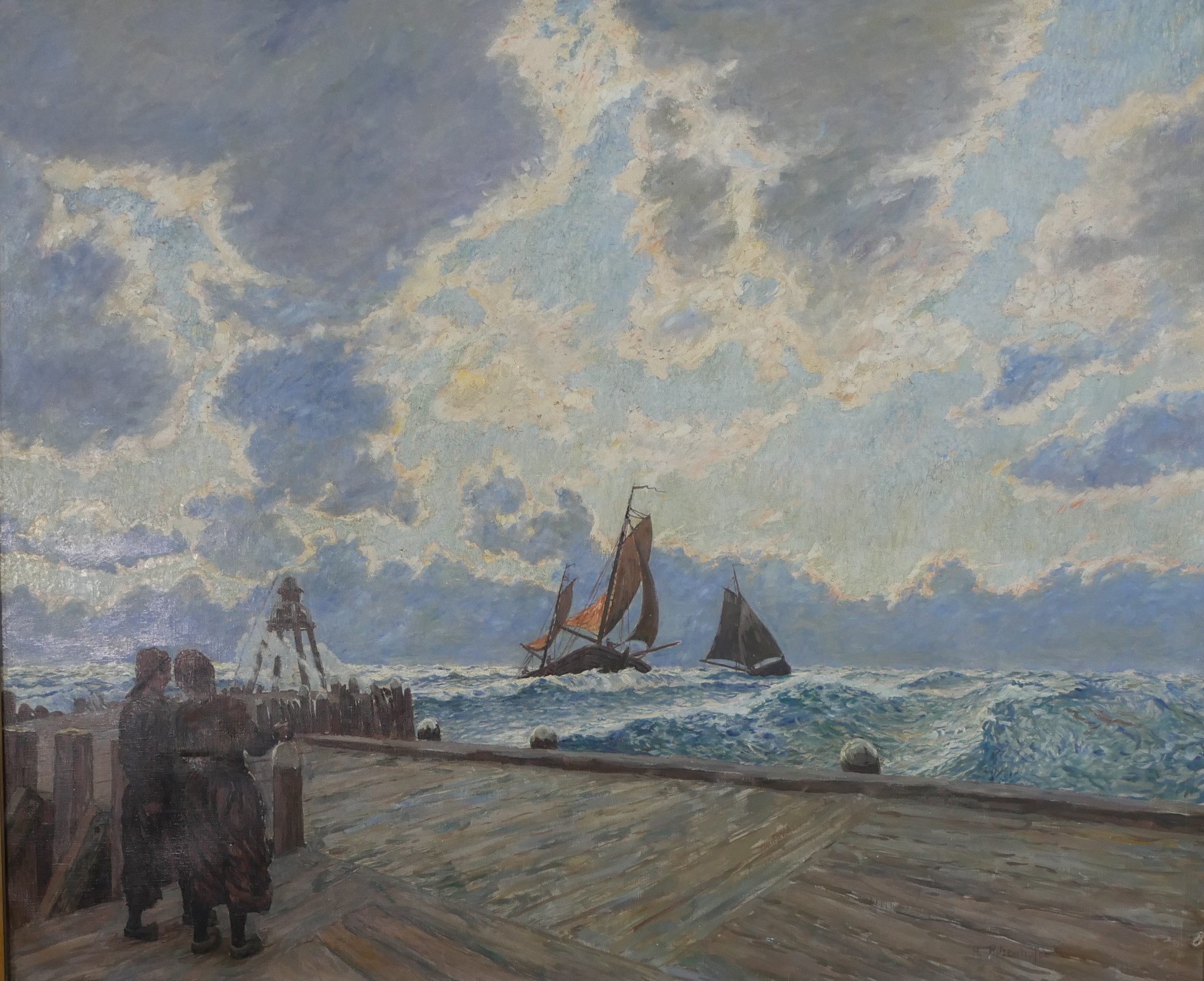 Hubert Ritzenhofen (Dutch 1879-1961), women looking at the boats on the rough sea, oil on canvas,