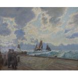 Hubert Ritzenhofen (Dutch 1879-1961), women looking at the boats on the rough sea, oil on canvas,