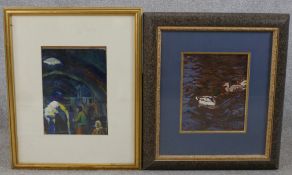 Warren (20th century) ducks on the water, oil on paper, signed and framed, together with 20th