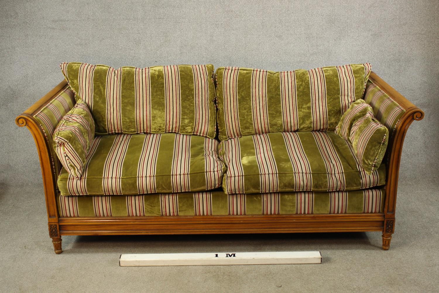 An early 20th century bergère and beech scroll arm two seater settee raised on fluted tapering - Image 2 of 8
