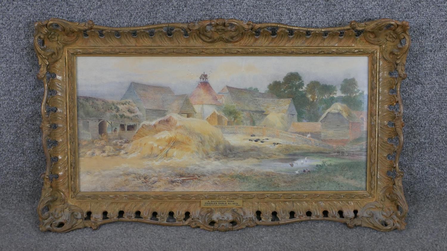 Charles Earle (1832 - 1893), 'A Southdown Farm', watercolour signed, with name plaque. H.35 W.62cm - Image 2 of 6