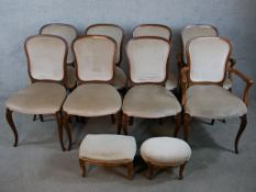 A set of eight contemporary mahogany framed brown upholstered dining chairs comprised of six singles