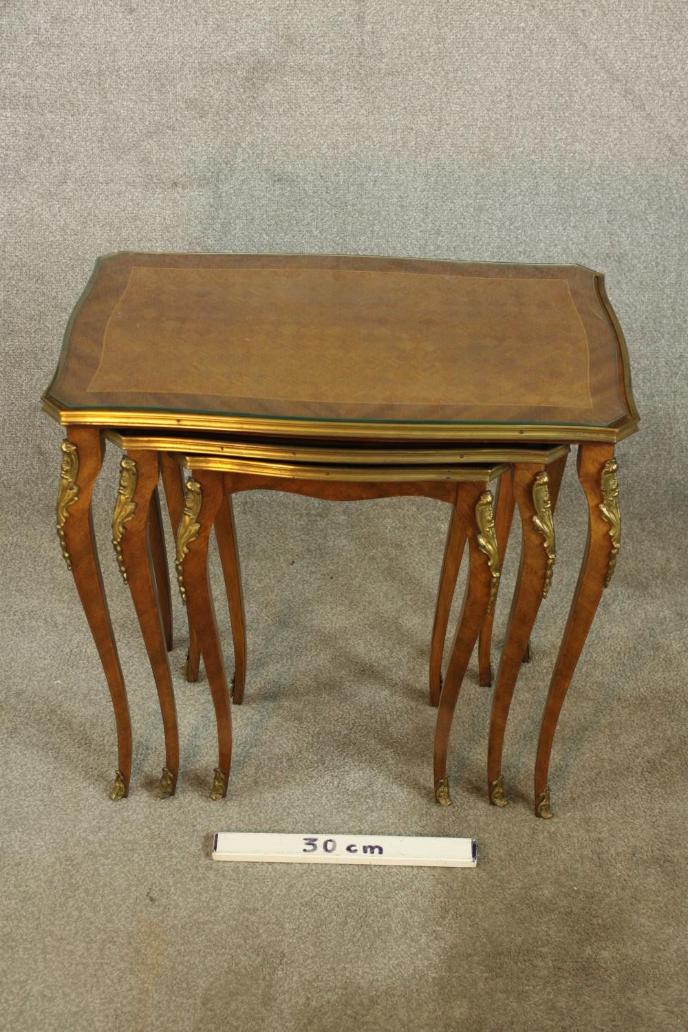 An early 20th century nest of three French Kingswood and gilt metal mounted inter sliding occasional - Image 3 of 4