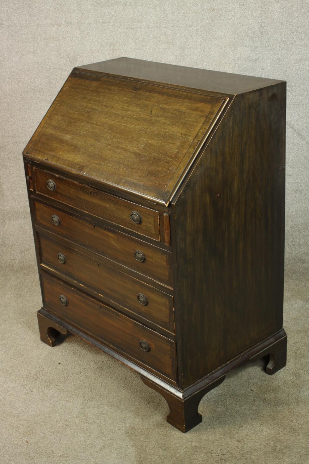 An early 20th century stained mahogany bureau, the fall front opening to reveal fitted interior, - Image 7 of 10