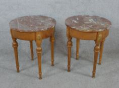 A pair of early 20th century French stained hardwood and circular marble topped occasional tables