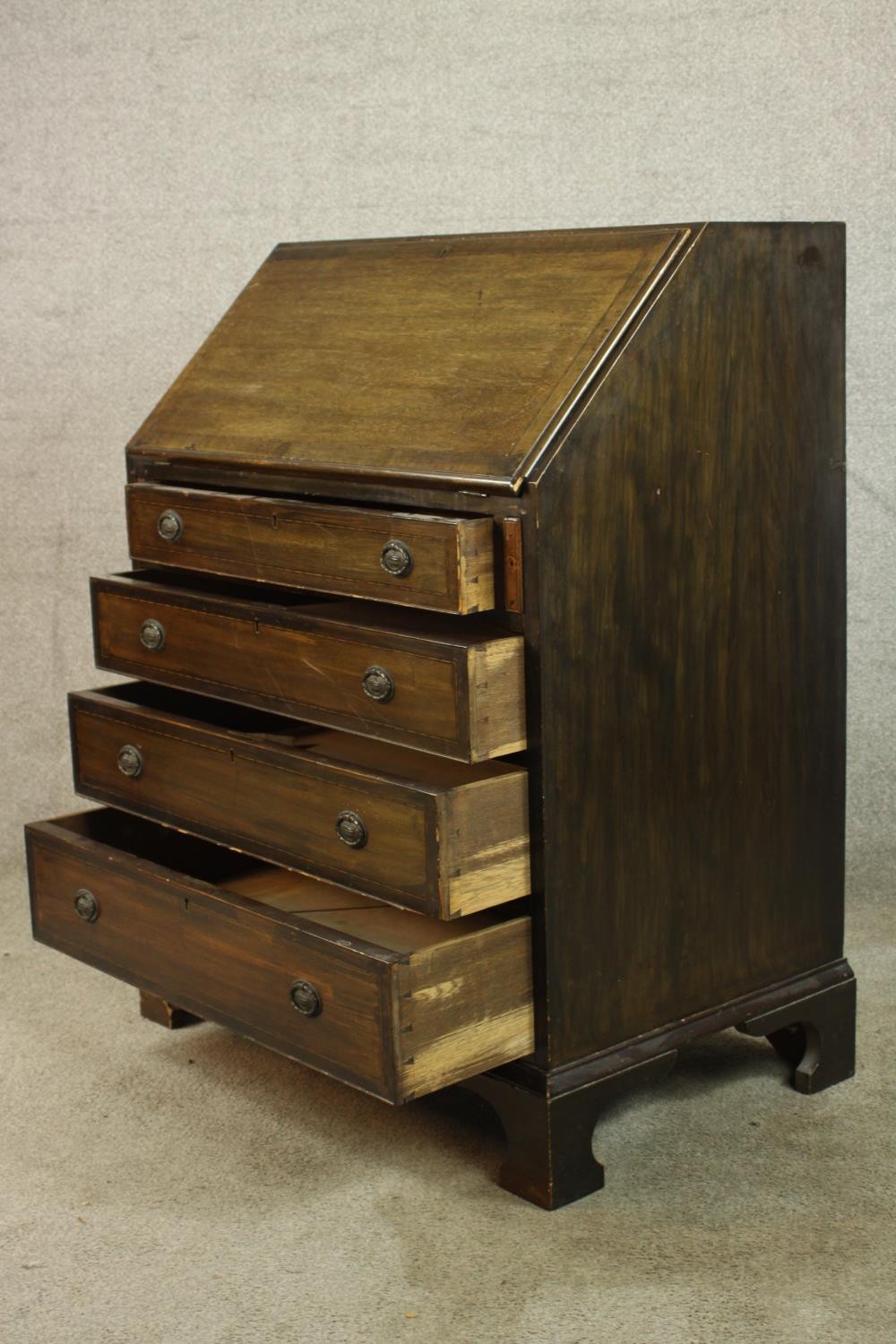 An early 20th century stained mahogany bureau, the fall front opening to reveal fitted interior, - Image 8 of 10