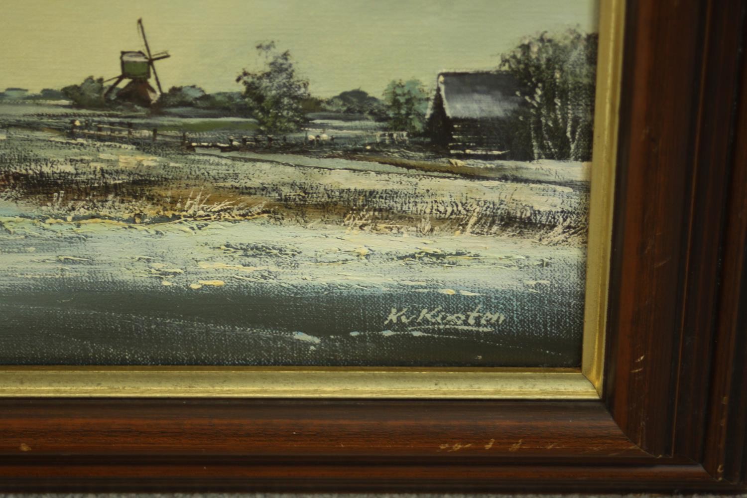 Kosten (20th century), snow covered windmills, oil on canvas, signed and framed. H.55 W.155cm. - Image 5 of 6