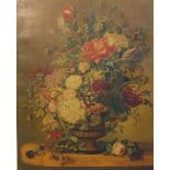 N. Weiss (20th century), still life of flowers in pottery vase, print on canvas, signed in plate.
