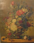 N. Weiss (20th century), still life of flowers in pottery vase, print on canvas, signed in plate.