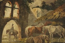 Johann Conrad Gessner (Swiss, 1764-1826), horses in stone ruin with guard on horseback,