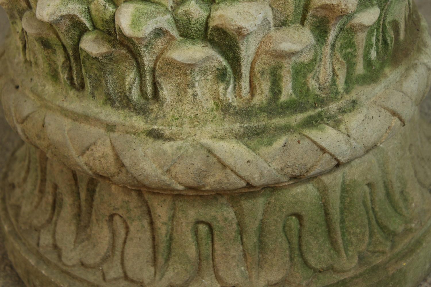 A 20th century stone garden urn shaped planter and stand, with blind lattice work decoration. H.56 - Image 6 of 6