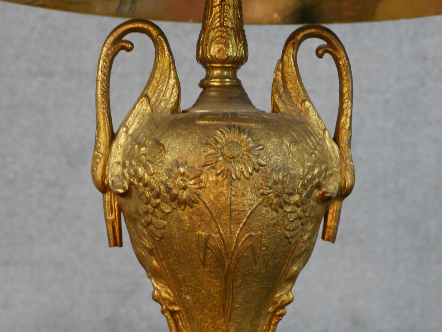 A 20th century table lamp with reverse glass painted light shade, standing on a twin swan/crane head - Image 4 of 11