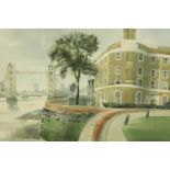 Ronald Maddox (b.1930) River View, Wapping Pierhead, watercolour on paper, signed and framed. H.40