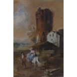 A 19th century, lady on a horse with castle tower behind, mixed media on brown paper, unsigned and