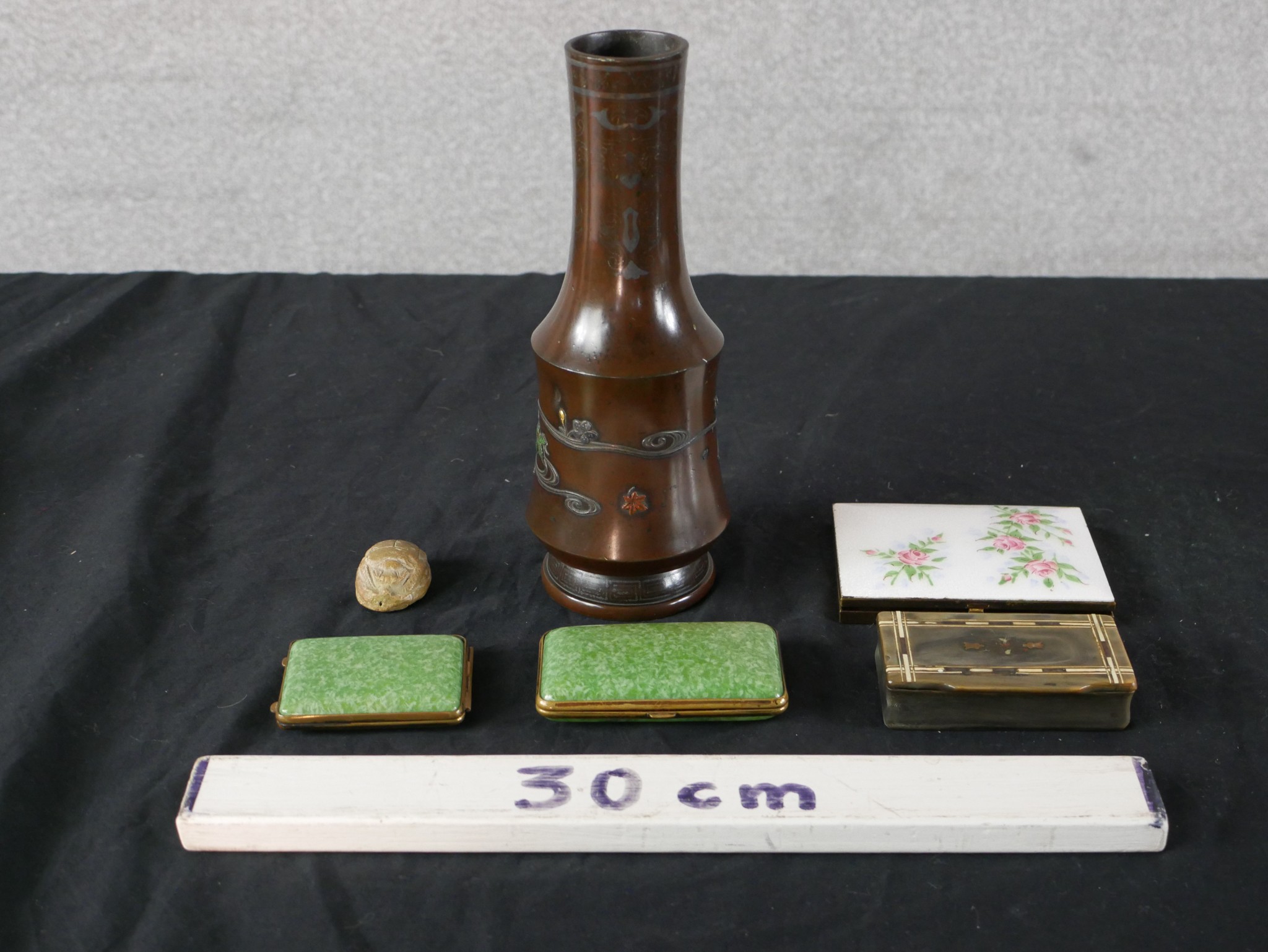 Two early 20th century shagreen style and gilt metal match holder and matching cigarette case, - Image 2 of 12