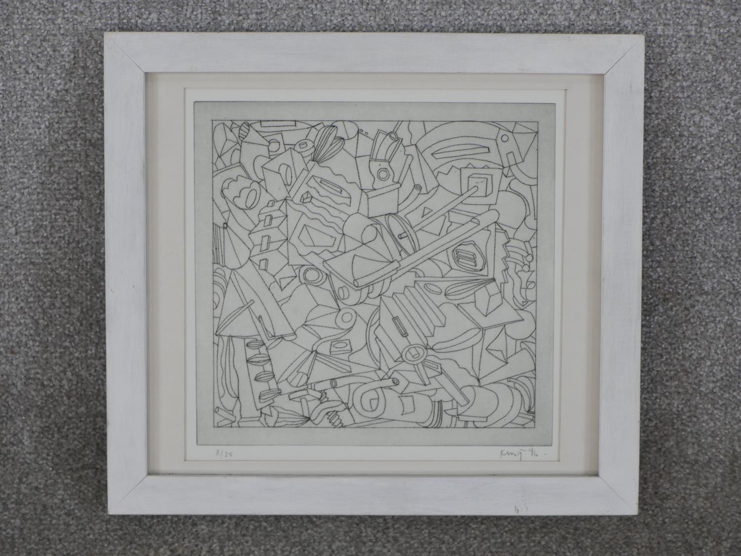 20th century, an abstract engraving of various objects, signed King and dated 96, numbered 8/25. H. - Image 2 of 6