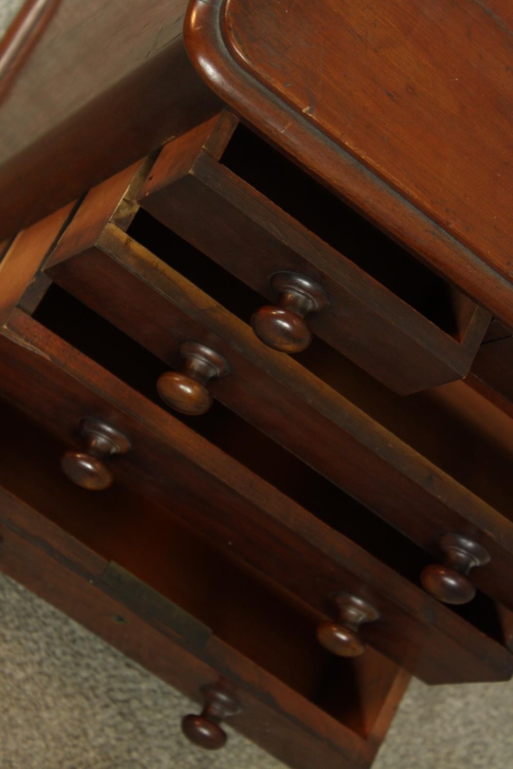 A 19th century mahogany apprentices chest of two short over three graduating drawers with turned - Image 5 of 5