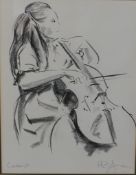 A 20th century, charcoal drawing on paper, Cellist, indistinctly signed and titled in pencil,