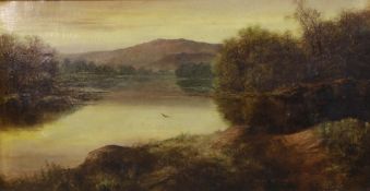 19th/ early 20th century British school, sunset over mountainous river, oil on canvas, unsigned