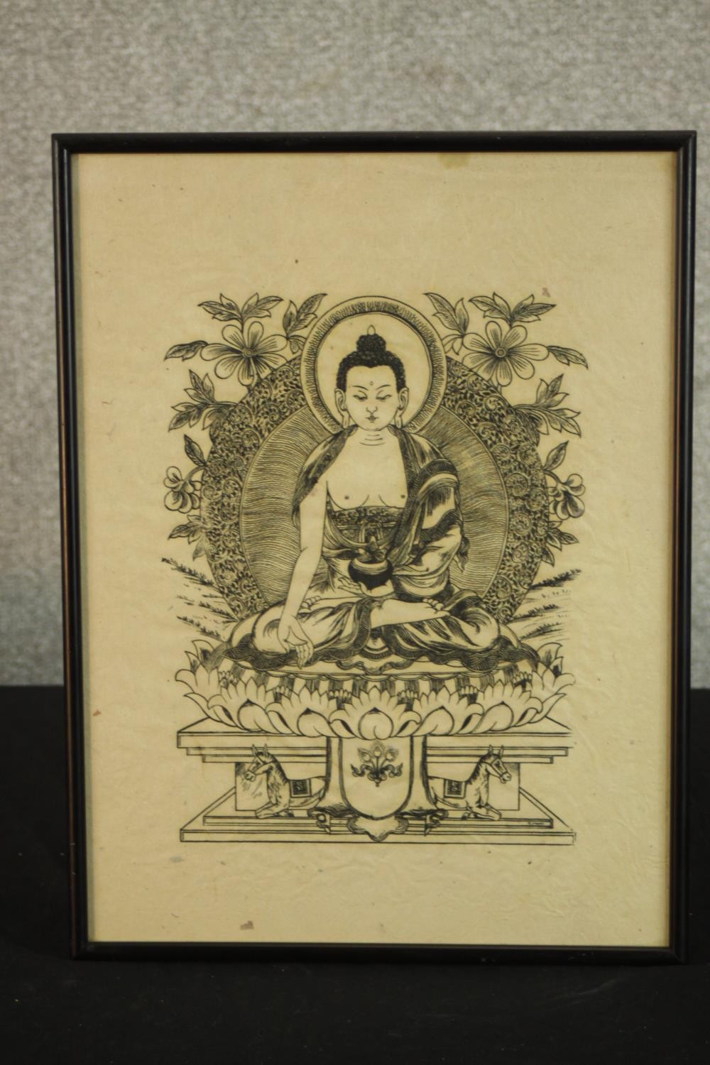 Munus (20th century, Nepalese), Buddha, black etching on rice paper, signed, in a black frame. H. - Image 2 of 4