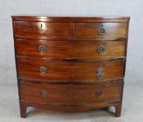 A 19th century mahogany bow fronted chest of two short over three long drawers, raised on shaped